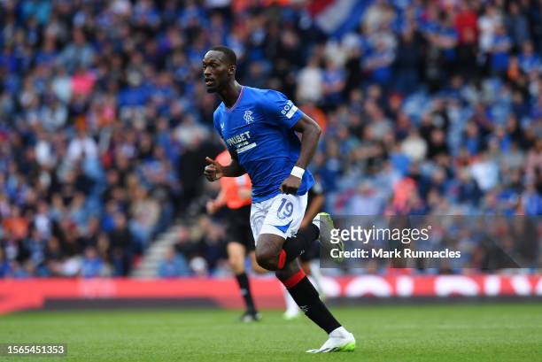 Abdallah Sima of Rangers in action during the pre-season friendly match between Rangers and SV Hamburg at Ibrox Stadium on July 22, 2023 in Glasgow,...