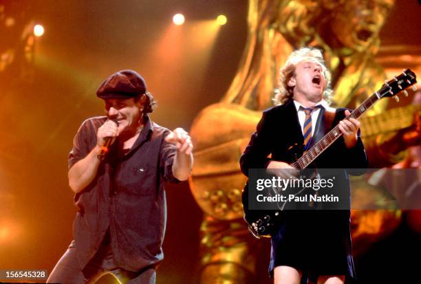 Australian rock group AC/DC performs at United Arena, Chicago, Illinois, April 8, 2001. Pictured are Brian Johnson and Angus Young.