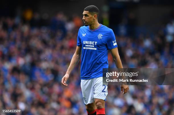 Leon Balogun of Rangers in action during the pre-season friendly match between Rangers and SV Hamburg at Ibrox Stadium on July 22, 2023 in Glasgow,...