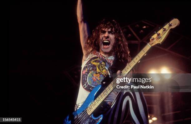British heavy metal band Iron Maiden performs at the UIC Pavillion during their World Piece Tour, Chicago, Illinois, September 30, 1983. Pictured is...