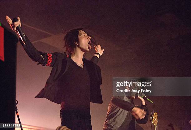 Tyler Carter joins Denis Shaforostov and the metal band Make Me Famous as they perform onstage at The Emerson Theater on November 6, 2012 in...