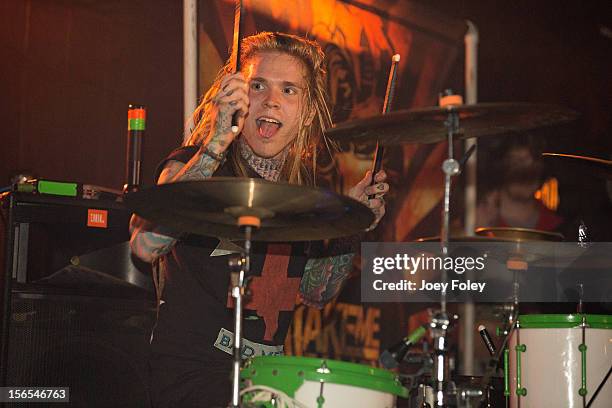 Drummer Dusty Boles of Make Me Famous performs at The Emerson Theater on November 6, 2012 in Indianapolis, Indiana.