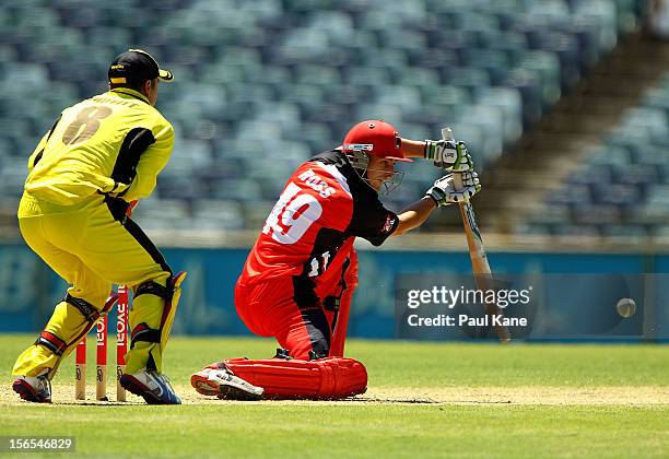 Alex Ross of the Redbacks works the ball away during the Ryobi Cup One Day match between the Western Australia Warriors and the South Australian...