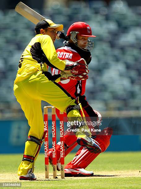 Johan Botha of the Redbacks plays a cut shot during the Ryobi Cup One Day match between the Western Australia Warriors and the South Australian...