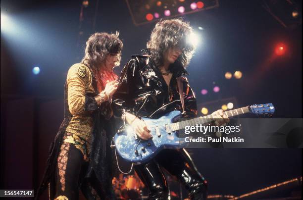 American rock group Aerosmith performs onstage, Chicago, Illinois, November 24, 1982. Pictured are Steven Tyler and Joe Perry.