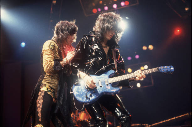 American rock group Aerosmith performs onstage, Chicago, Illinois, November 24, 1982. Pictured are Steven Tyler and Joe Perry.