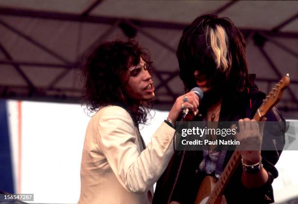 American rock group Aerosmith performs onstage, Chicago, Illinois, August 5, 1978. Pictured are Steven Tyler and Joe Perry.