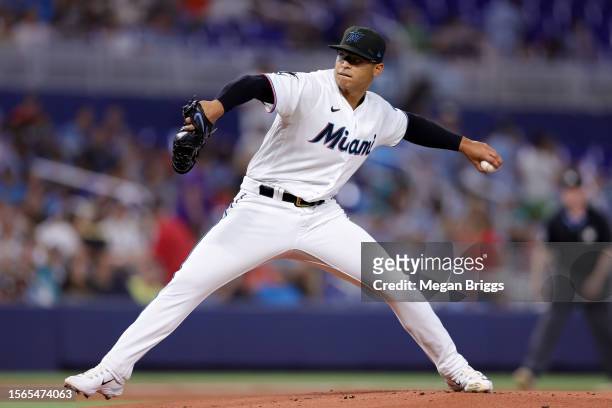 Jesus Luzardo of the Miami Marlins pitches during the first inning against the Colorado Rockies at loanDepot park on July 23, 2023 in Miami, Florida.