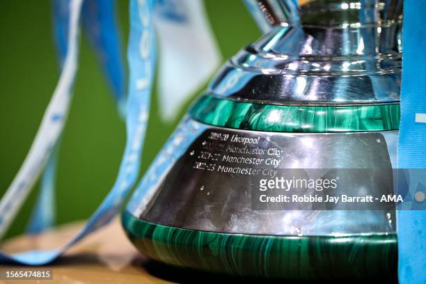 Detail of the Premier League trophy showing the engraving of the name Manchester City as winners during the preseason friendly match between Atletico...