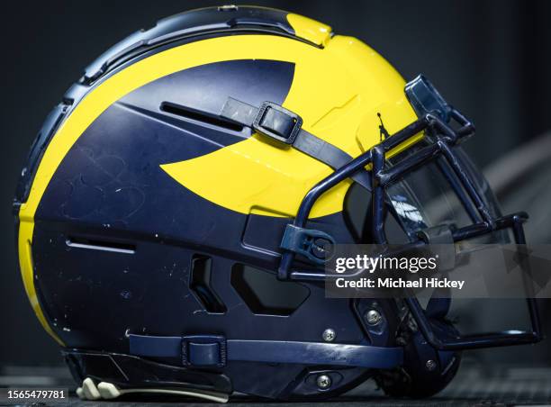 Michigan Wolverines helmet is seen at Big Ten football media days at Lucas Oil Stadium on July 27, 2023 in Indianapolis, Indiana.