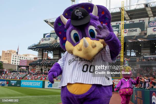 Colorado Rockies mascot Dinger prior to the start of the game between the Cleveland Guardians and the Philadelphia Phillies at Progressive Field on...