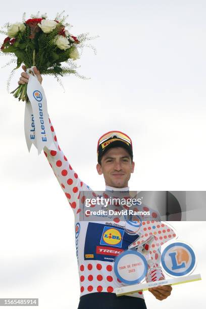 Giulio Ciccone of Italy and Team Lidl-Trek - Polka Dot Mountain Jersey celebrates at podium as during the stage twenty-one of the 110th Tour de...