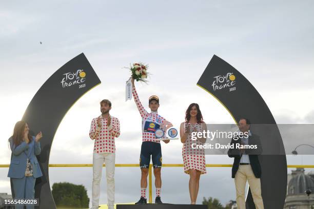 Giulio Ciccone of Italy and Team Lidl-Trek - Polka Dot Mountain Jersey celebrates at podium as during the stage twenty-one of the 110th Tour de...