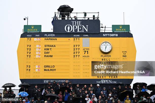 Detailed view of the scoreboard following Day Four of The 151st Open at Royal Liverpool Golf Club on July 23, 2023 in Hoylake, England.