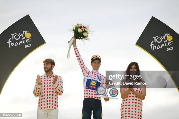 Giulio Ciccone of Italy and Team Lidl-Trek - Polka Dot Mountain Jersey celebrates at podium as during the stage twenty-one of the 110th Tour de...