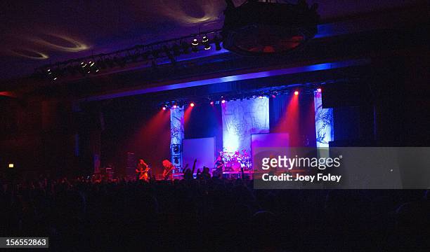 General view of the stage and crowd as the heavy metal band Lamb of God performs at The Egyptian Room at Old National Centre on November 8, 2012 in...