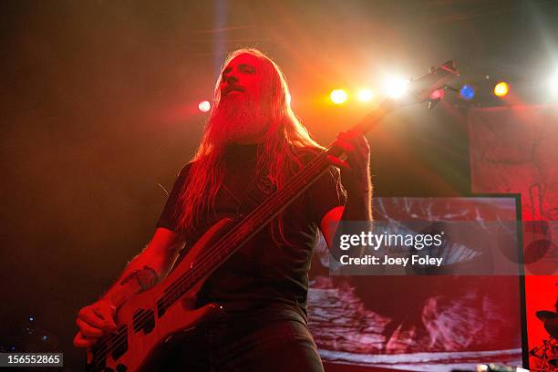 Bassist John Campbell of Lamb of God performs at The Egyptian Room in Old National Centre on November 8, 2012 in Indianapolis, Indiana.