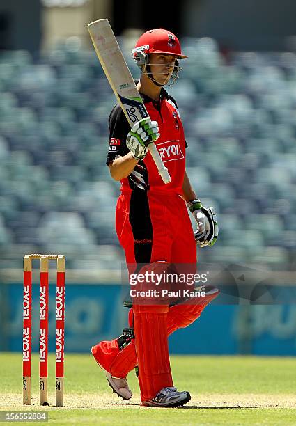 Alex Ross of the Redbacks celebrates scoring his half century during the Ryobi Cup One Day match between the Western Australia Warriors and the South...