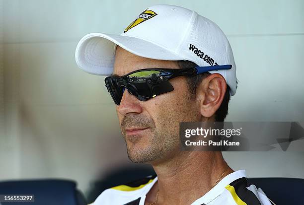 Warriors coach Justin Langer looks on during the Ryobi Cup One Day match between the Western Australia Warriors and the South Australian Redbacks at...