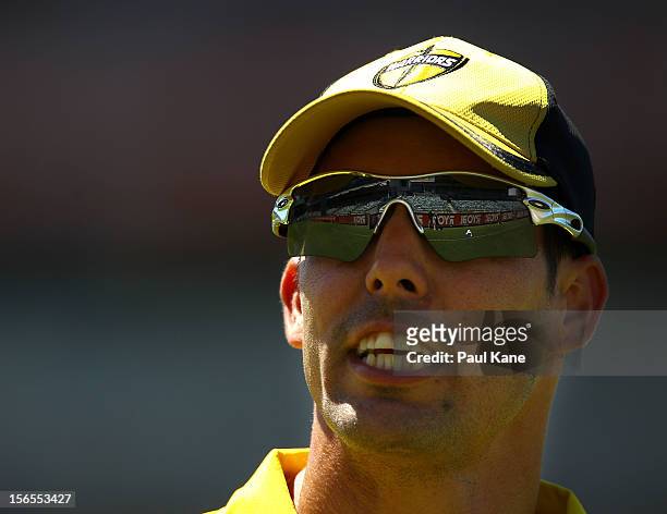 Mitchell Johnson of the Warriors looks on during the Ryobi Cup One Day match between the Western Australia Warriors and the South Australian Redbacks...