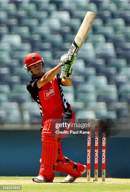 Alex Ross of the Redbacks hits a six during the Ryobi Cup One Day match between the Western Australia Warriors and the South Australian Redbacks at...