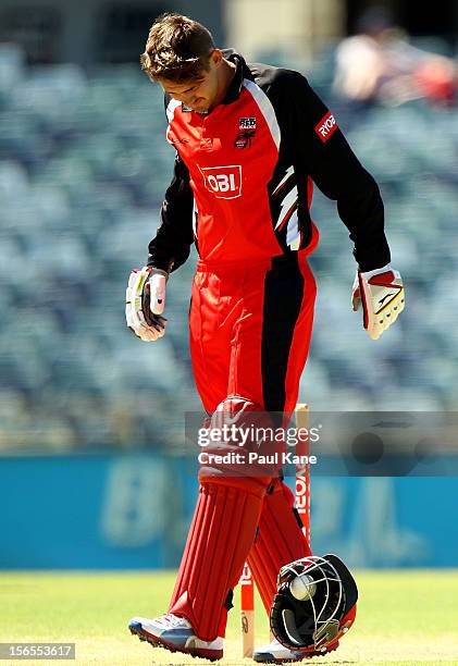 Kane Richardson of the Redbacks removes his helmet after getting struck in the head by the ball during the Ryobi Cup One Day match between the...