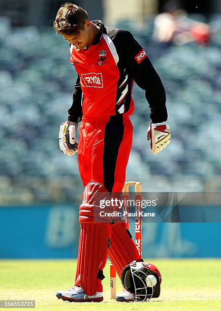Kane Richardson of the Redbacks removes his helmet after getting struck in the head by the ball during the Ryobi Cup One Day match between the...