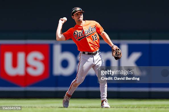 Adam Frazier of the Baltimore Orioles throws the ball to first base News  Photo - Getty Images