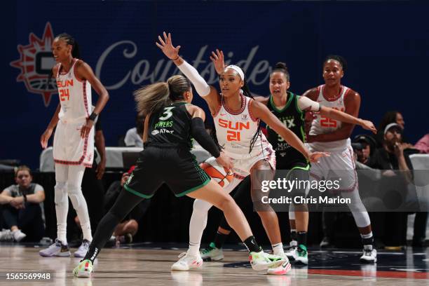 DiJonai Carrington of the Connecticut Sun plays defense during the game against the Minnesota Lynx on July 30, 2023 at the Mohegan Sun Arena in...