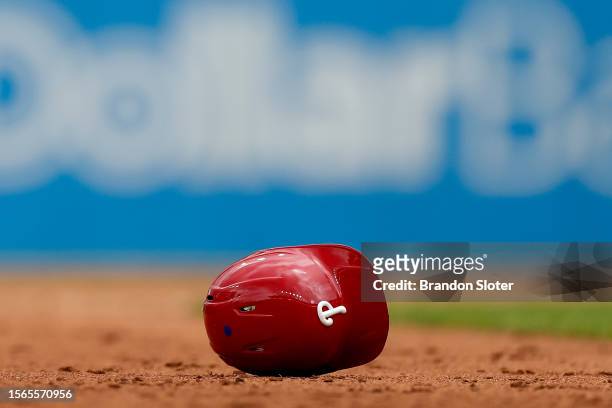 Detail view of the Philadelphia Phillies logo on a batting helmet during the fifth inning against the Cleveland Guardians at Progressive Field on...