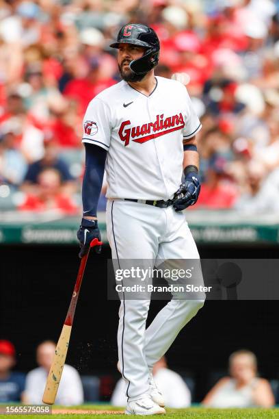 Cam Gallagher of the Cleveland Guardians called out on strikes during the fifth inning against the Philadelphia Phillies at Progressive Field on July...