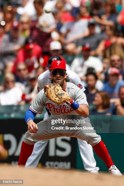 Bryce Harper of the Philadelphia Phillies at first base during the fifth inning against the Cleveland Guardians at Progressive Field on July 23, 2023...