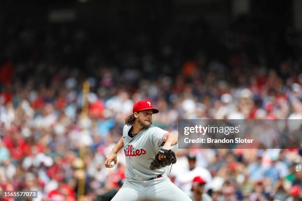 Aaron Nola of the Philadelphia Phillies throws a pitch during the fifth inning against the Cleveland Guardians at Progressive Field on July 23, 2023...