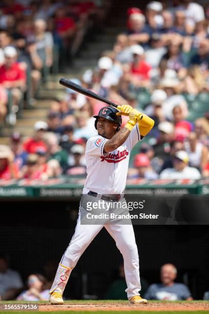 Jose Ramirez of the Cleveland Guardians at bat during the sixth inning against the Philadelphia Phillies at Progressive Field on July 23, 2023 in...