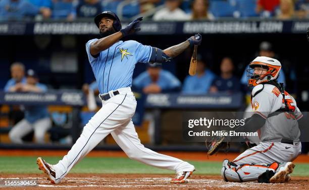 Randy Arozarena of the Tampa Bay Rays hits in the fourth inning during a game against the Baltimore Orioles at Tropicana Field on July 23, 2023 in St...