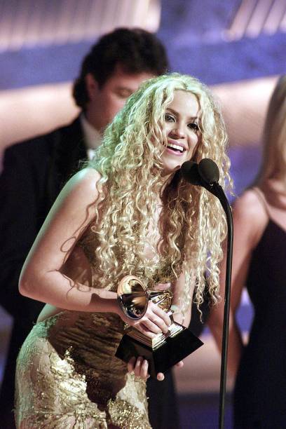 Colombian singer Shakira recieves her trophy for the Best Latin Pop Album Category at the 43rd Annual Grammy Awards at the Staples Center in Los...