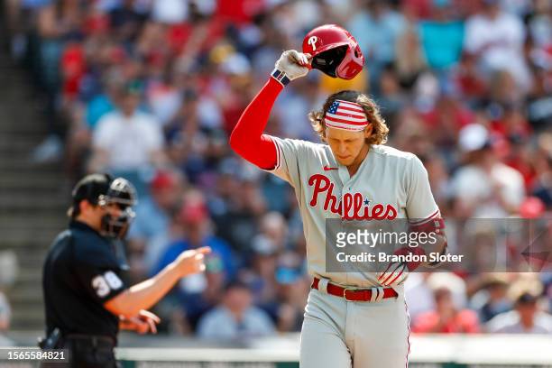 Alec Bohm of the Philadelphia Phillies reacts after a strikeout during the eighth inning against the Cleveland Guardians at Progressive Field on July...