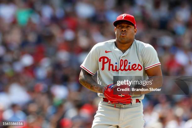 Gregory Soto of the Philadelphia Phillies prepares to throw a pitch during the eighth inning against the Cleveland Guardians at Progressive Field on...