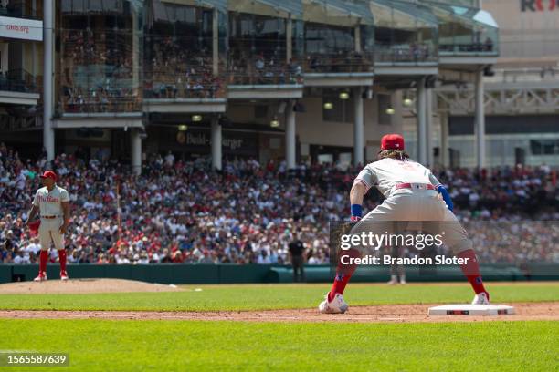 Bryce Harper of the Philadelphia Phillies in the field during the eighth inning against the Cleveland Guardians at Progressive Field on July 23, 2023...