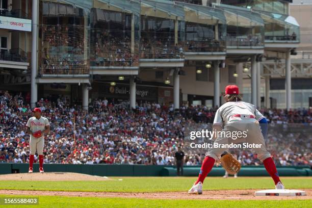 Bryce Harper of the Philadelphia Phillies in the field during the eighth inning against the Cleveland Guardians at Progressive Field on July 23, 2023...