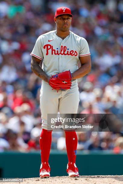 Gregory Soto of the Philadelphia Phillies prepares to throw a pitch during the eighth inning against the Cleveland Guardians at Progressive Field on...