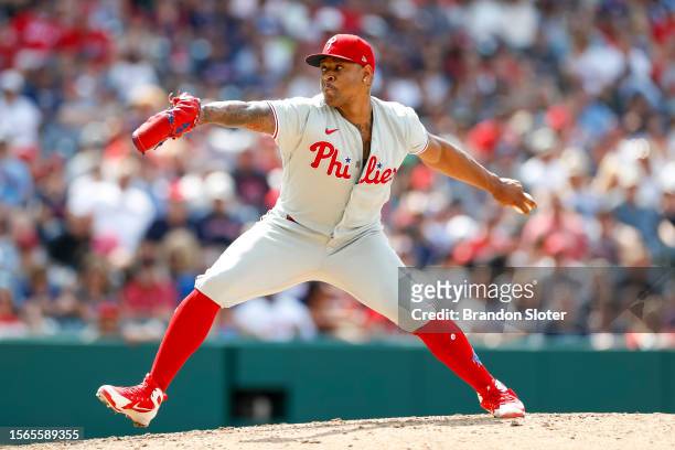 Gregory Soto of the Philadelphia Phillies throws a pitch during the eighth inning against the Cleveland Guardians at Progressive Field on July 23,...