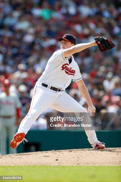 Tim Herrin of the Cleveland Guardians throws a pitch during the ninth inning against the Philadelphia Phillies at Progressive Field on July 23, 2023...