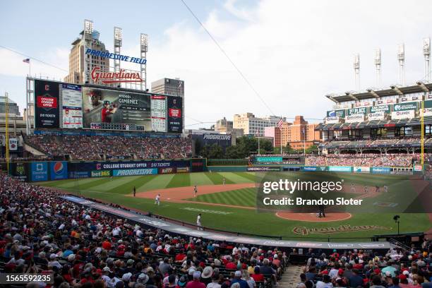 General overall interior view of Progressive Field during the ninth inning between the Cleveland Guardians and the Philadelphia Phillies at...