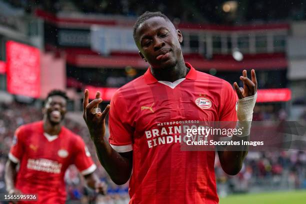 Johan Bakayoko of PSV celebrates 1-0 during the Club Friendly match between PSV v Nottingham Forest at the Philips Stadium on July 30, 2023 in...