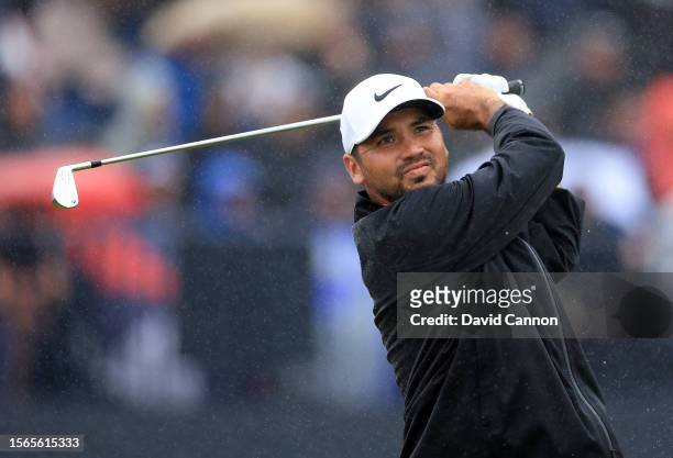 Jason Day of Australia plays his tee shot on the fourth hole during the final round of The 151st Open at Royal Liverpool Golf Club on July 23, 2023...