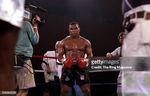 Mike Tyson looks to start the fight with Jose Ribalta at Trump Plaza Hotel on August 17, 1986 in Atlantic City, New Jersey.Mike Tyson defeated Jose...