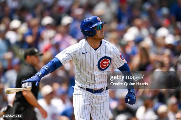 Cody Bellinger of the Chicago Cubs hits a two-run home run in the first inning of the game against the St. Louis Cardinals at Wrigley Field on July...