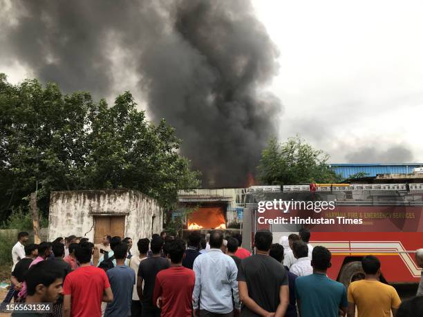 Fire broke out in a bike brake cable wire godown at Kherki Daula near toll plaza, on July 30, 2023 in Gurugram, India. No one was injured in this...