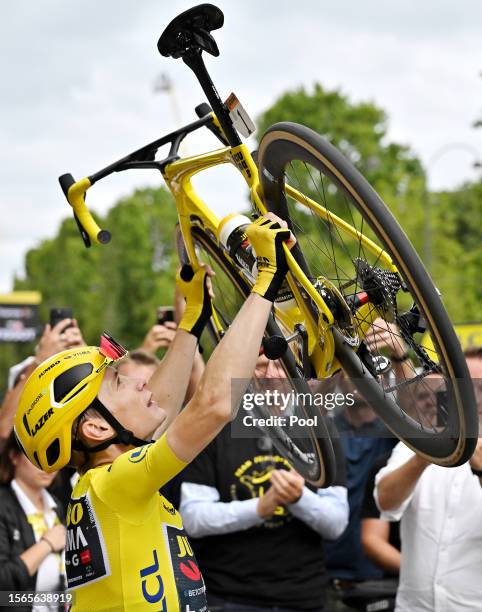 Jonas Vingegaard of Denmark and Team Jumbo-Visma - Yellow Leader Jersey celebrates as final overall winner after the stage twenty-one of the 110th...